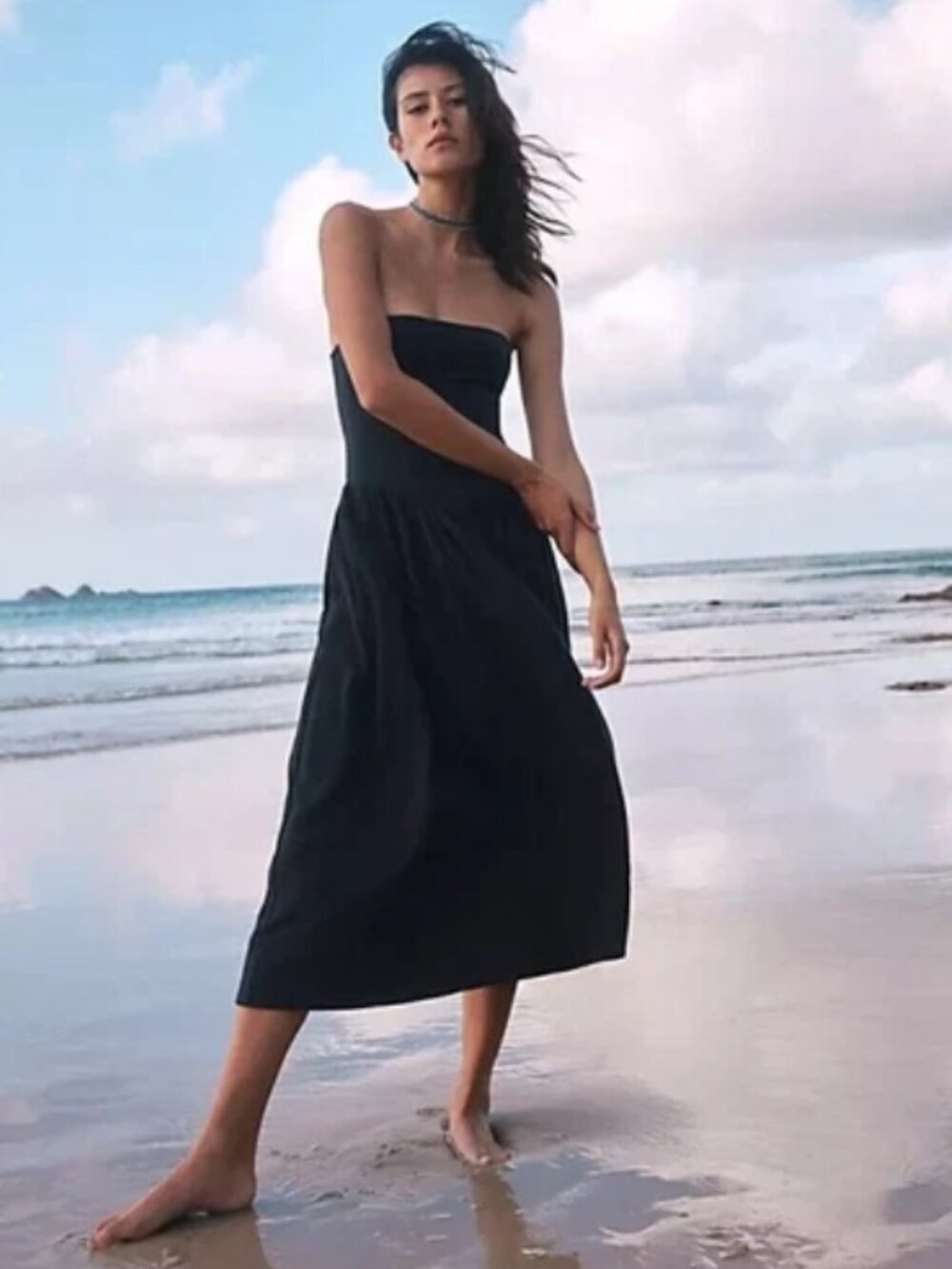 Free People Onda Drop-Waist Tube Midi Dress Slim Pull On Black XS